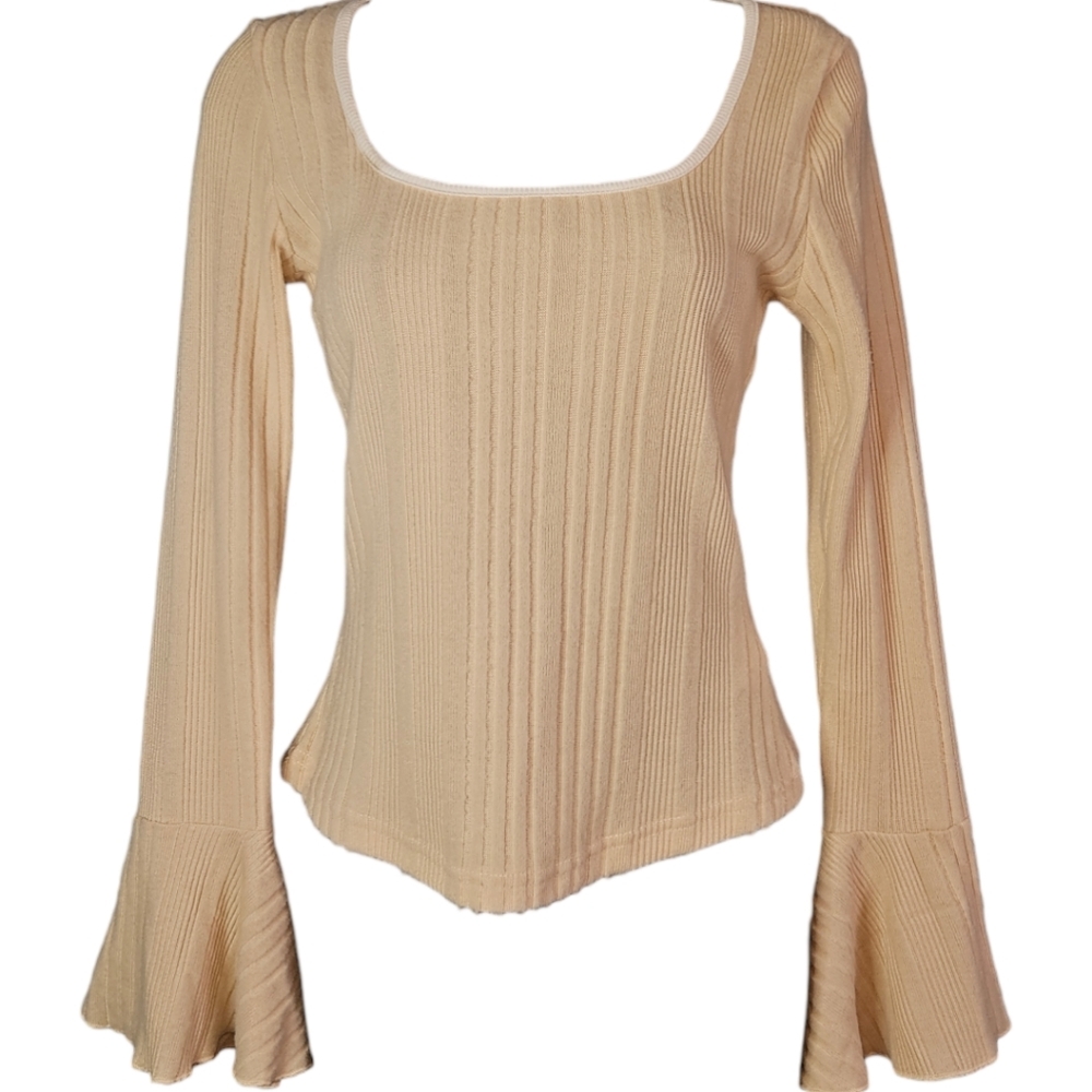 SHEIN Beige Ribbed Long Sleeve Top with Flared Cuffs
